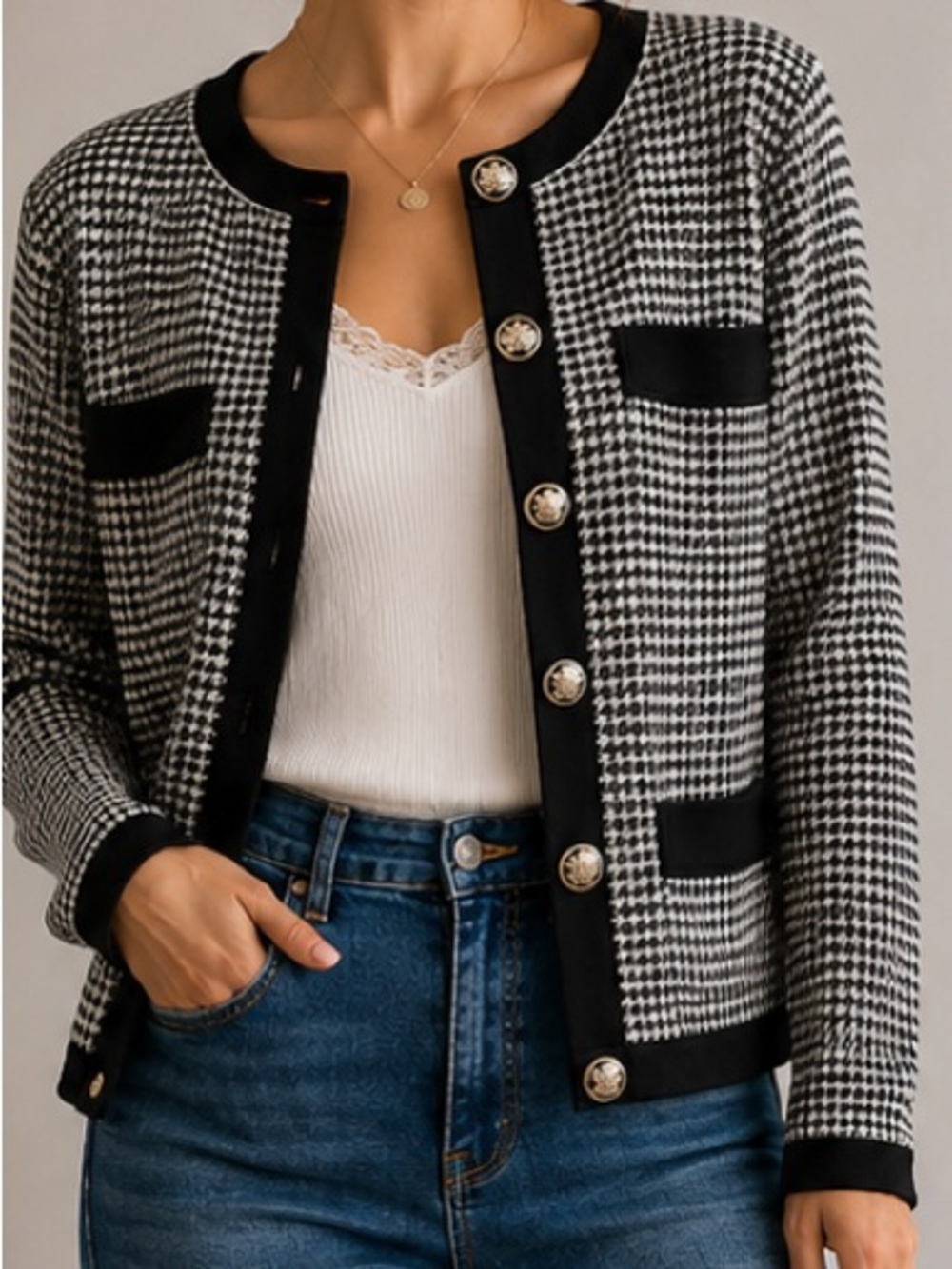 Houndstooth Button-Up Cardigan with Black Trim